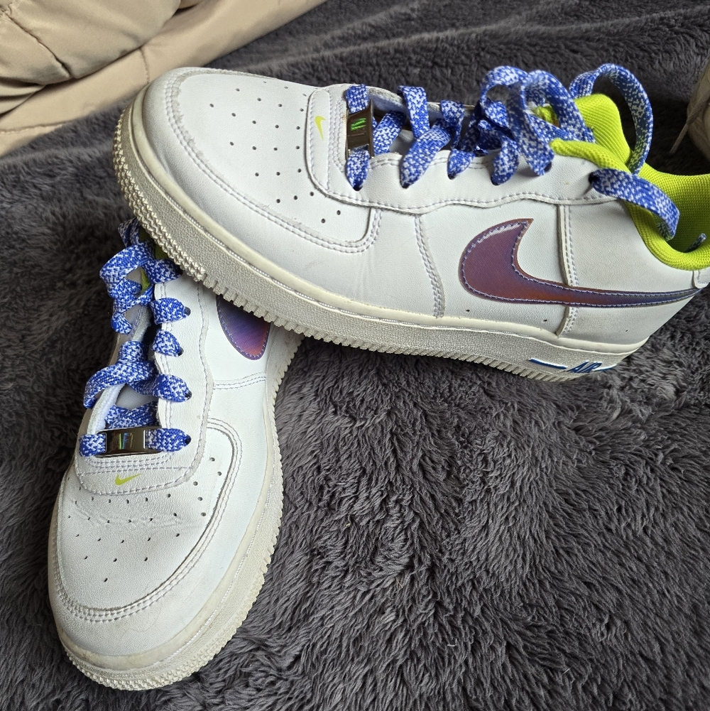Nike Air Force White Sneakers with Iridescent Purple Swoosh & Blue Laces
